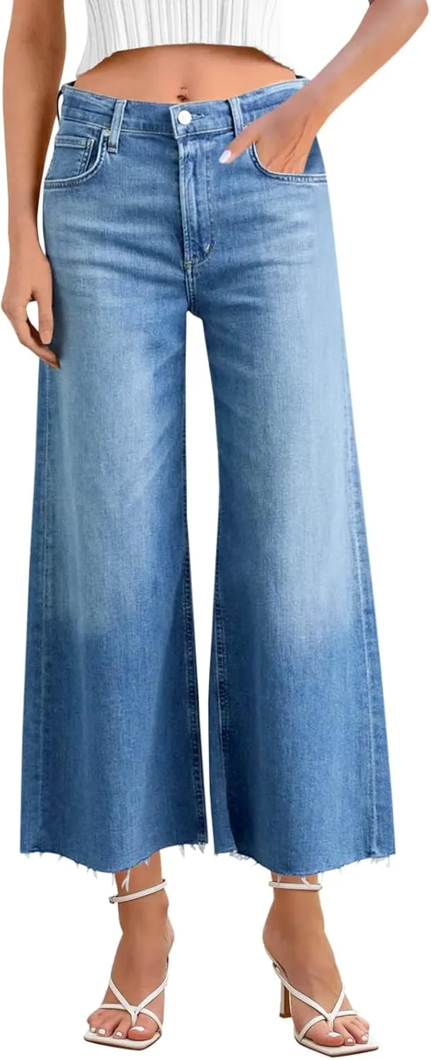 Cicy Bell Womens Cropped Wide Leg Jeans High Waisted Stretchy Flare Jeans Boyfriend Baggy Ankle Denim Pants with Pockets