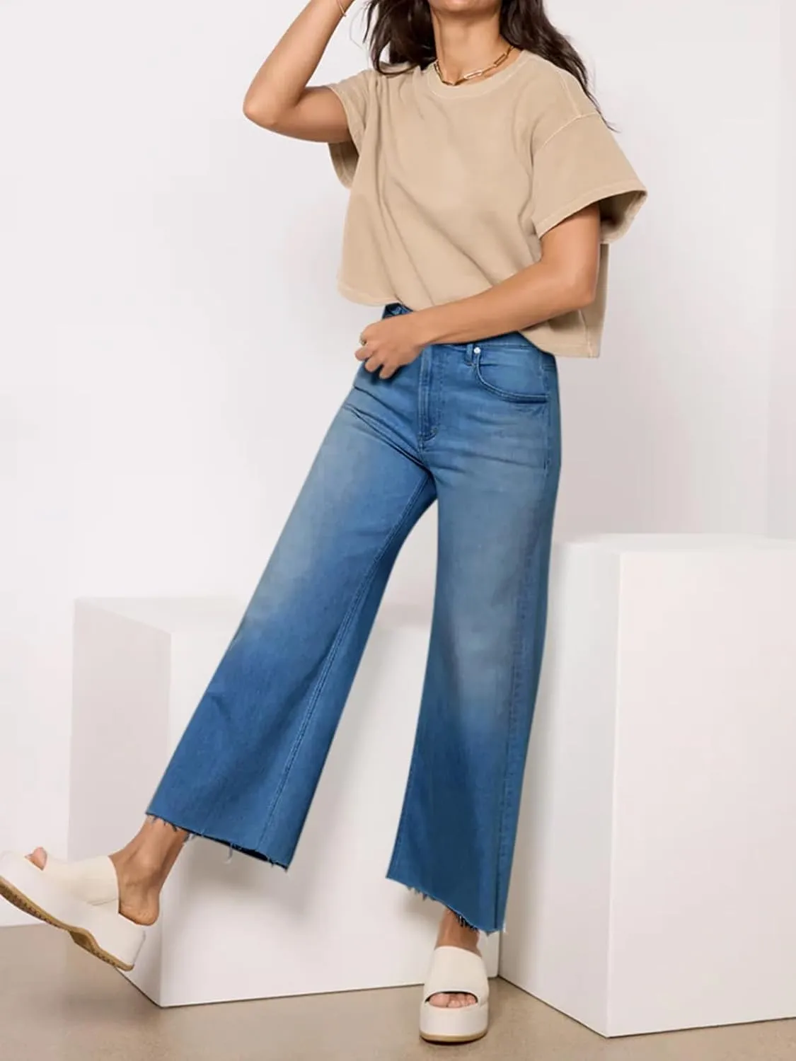 Cicy Bell Womens Cropped Wide Leg Jeans High Waisted Stretchy Flare Jeans Boyfriend Baggy Ankle Denim Pants with Pockets
