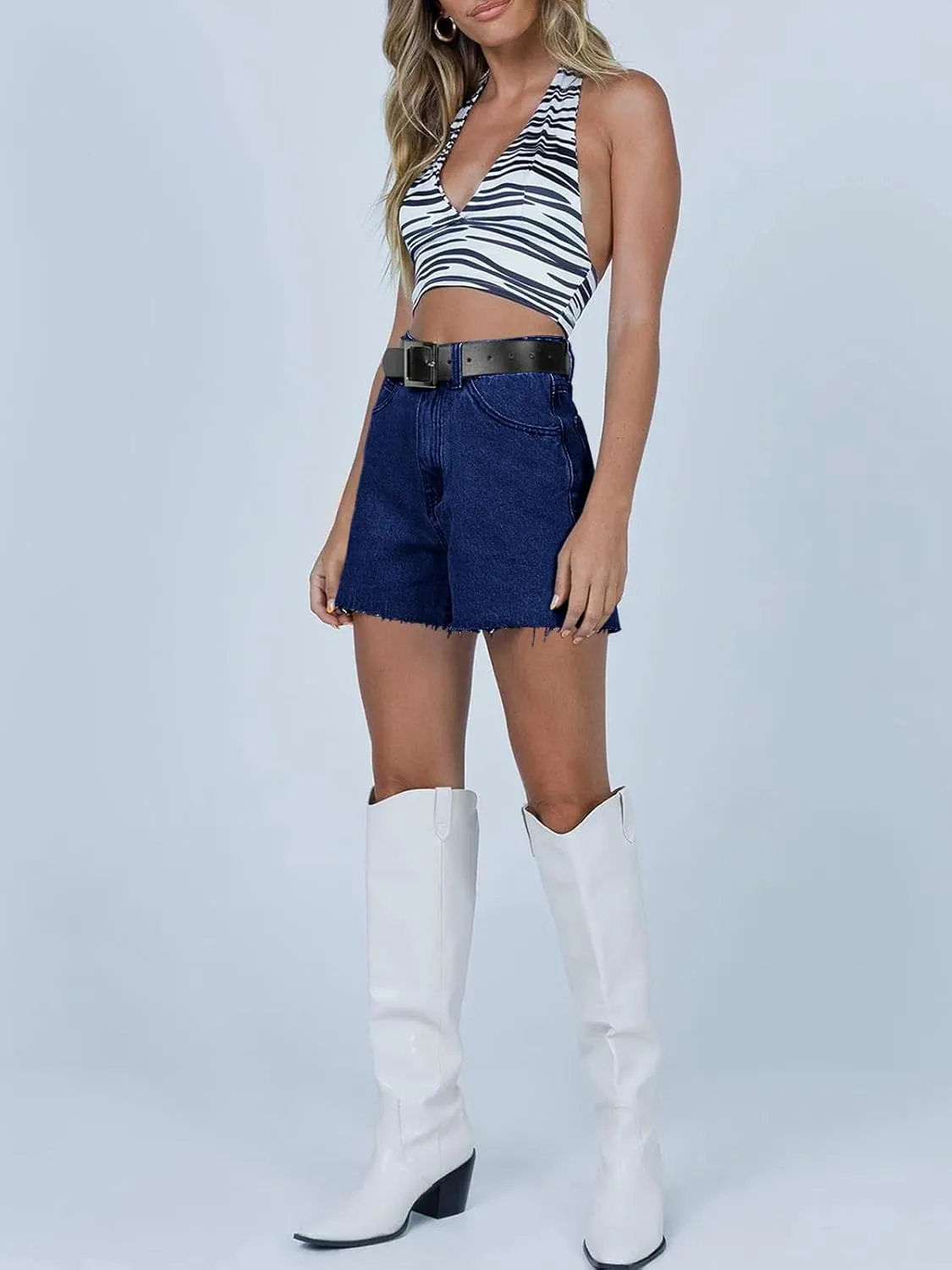 Cicy Bell Womens High Waisted Jean Shorts Summer Baggy Stretchy Straight Leg Raw Hem Mom Denim Shorts