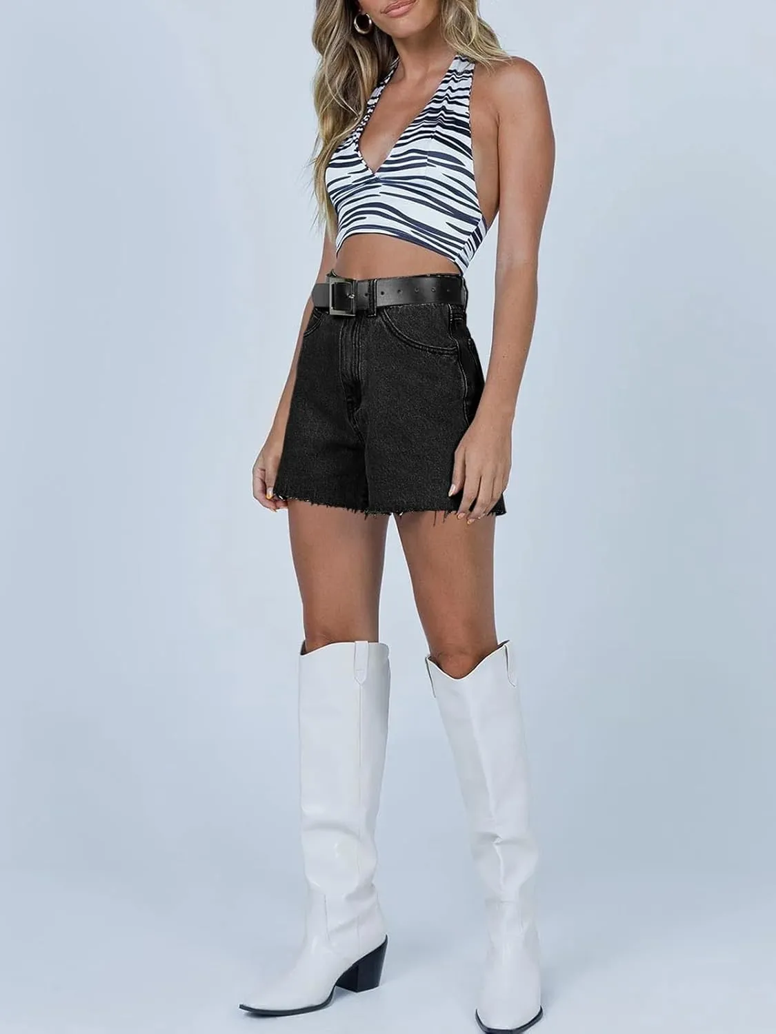 Cicy Bell Womens High Waisted Jean Shorts Summer Baggy Stretchy Straight Leg Raw Hem Mom Denim Shorts