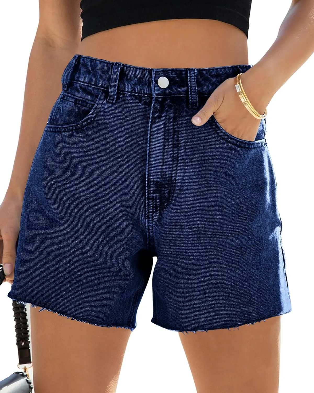 Cicy Bell Womens High Waisted Jean Shorts Summer Baggy Stretchy Straight Leg Raw Hem Mom Denim Shorts