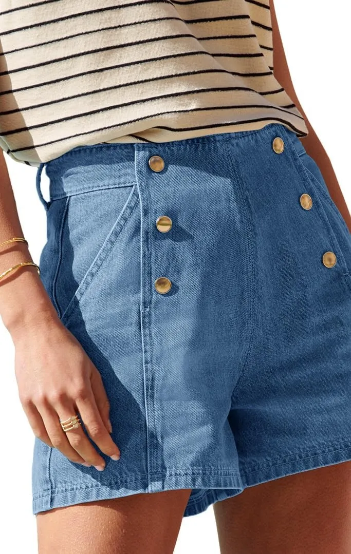 Cicy Bell Womens High Waisted Jean Shorts Summer Baggy Stretchy Vintage Double Breasted Denim Shorts