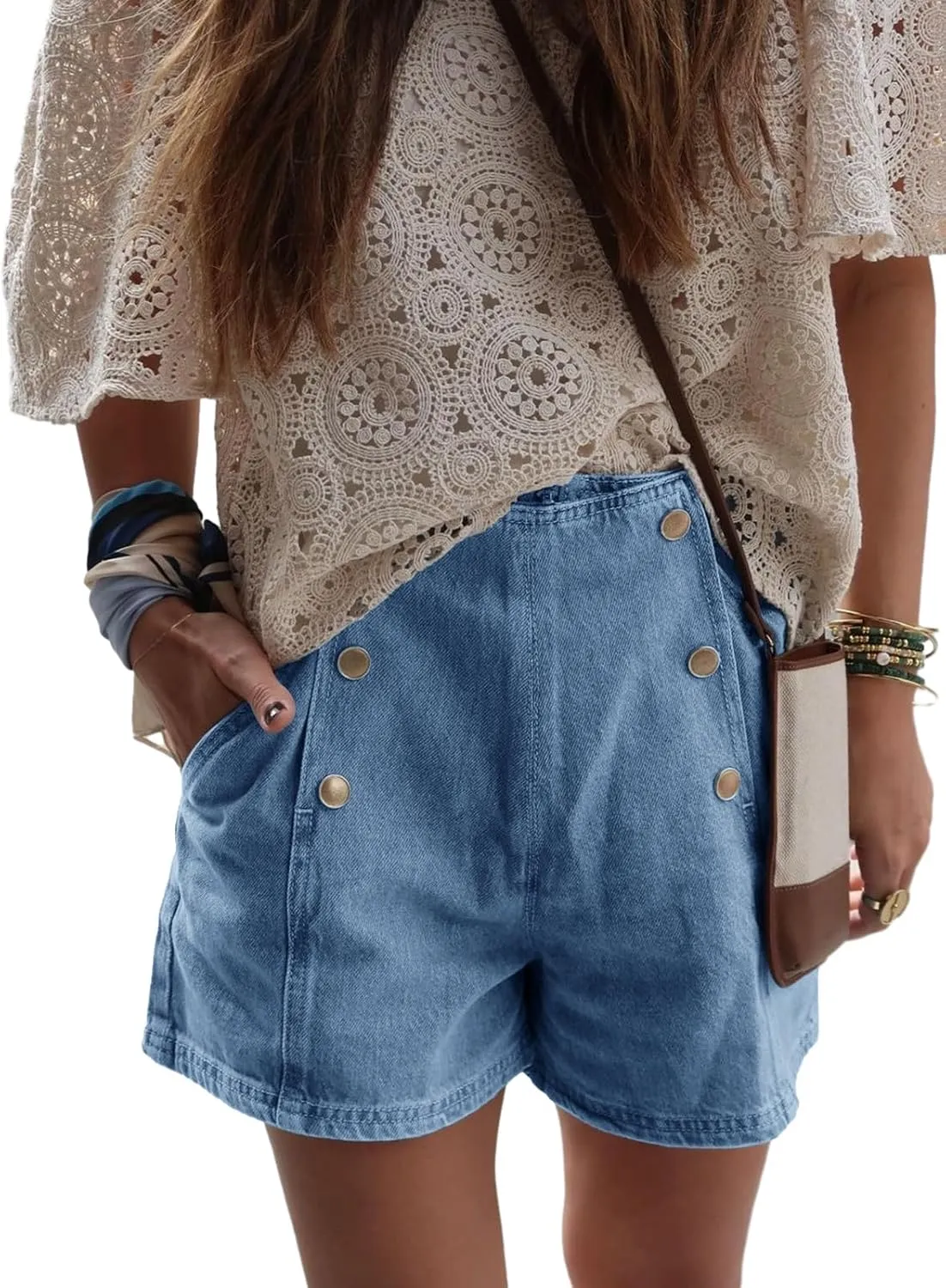Cicy Bell Womens High Waisted Jean Shorts Summer Baggy Stretchy Vintage Double Breasted Denim Shorts