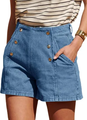 Cicy Bell Womens High Waisted Jean Shorts Summer Baggy Stretchy Vintage Double Breasted Denim Shorts
