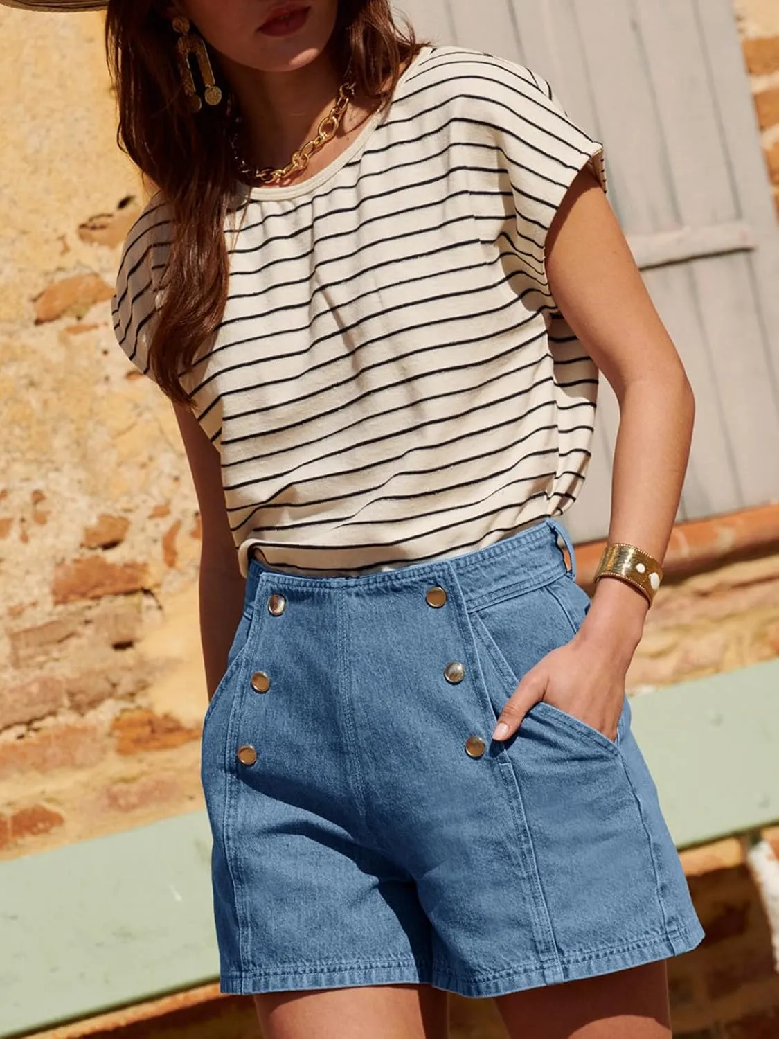 Cicy Bell Womens High Waisted Jean Shorts Summer Baggy Stretchy Vintage Double Breasted Denim Shorts