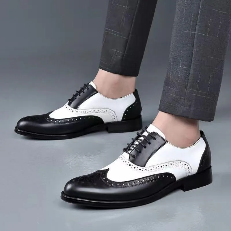 Classic Platform Retro Dress Leather Shoes for Men, Two-Tone Splicing Loafers Brogue Wingtip Oxford Comfortable Business