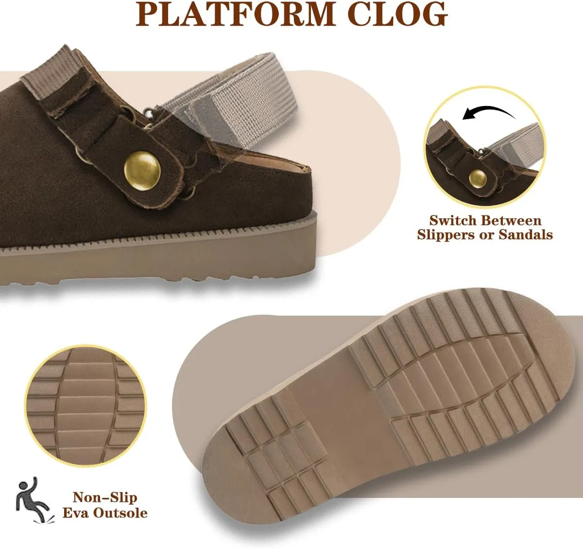 Clogs for Women Platform Clogs Slippers Classic Suede Leather Mules with Arch Support Comfortable Slip-on Sandals Shoes for Indoor Outdoor