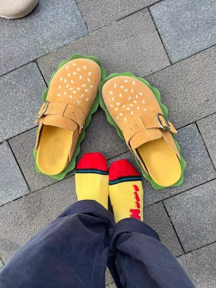 Clogs for Women,Cute Hamburger Novelty Plush House Slippers,Lightweight and Non-Slip Suede Cork Footbed Fashion Mules,Trendy Comfort House Shoes,Sandals with Adjustable Buckle Indoor Outdoor