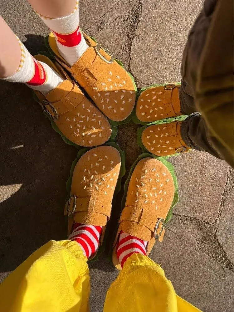 Clogs for Women,Cute Hamburger Novelty Plush House Slippers,Lightweight and Non-Slip Suede Cork Footbed Fashion Mules,Trendy Comfort House Shoes,Sandals with Adjustable Buckle Indoor Outdoor