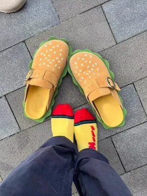 Clogs for Women,Cute Hamburger Novelty Plush House Slippers,Lightweight and Non-Slip Suede Cork Footbed Fashion Mules,Trendy Comfort House Shoes,Sandals with Adjustable Buckle Indoor Outdoor