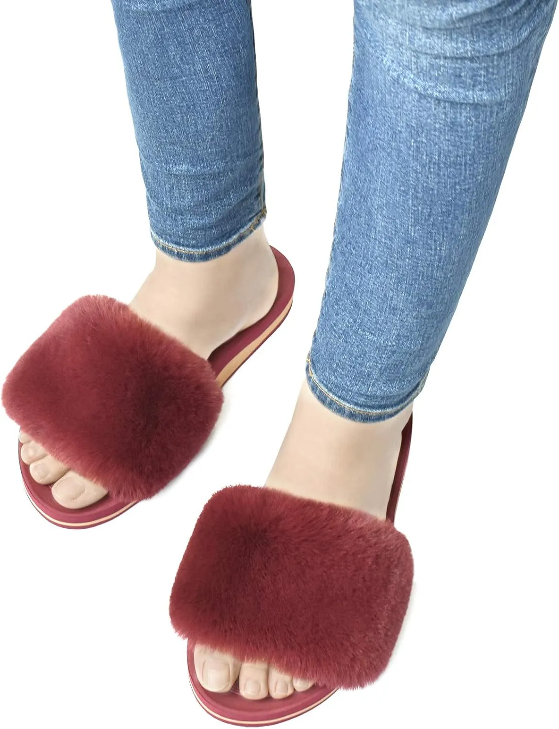 COFACE Womens Slides Fuzzy Slippers Open Toe Fluff Slippers With Arch Support Plantar Fasciitis Orthotic Slippers Women House Shoes