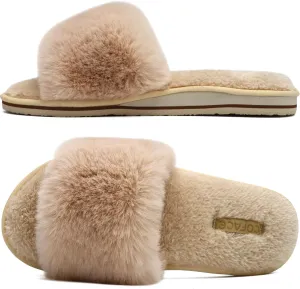COFACE Womens Slides Fuzzy Slippers Open Toe Fluff Slippers With Arch Support Plantar Fasciitis Orthotic Slippers Women House Shoes