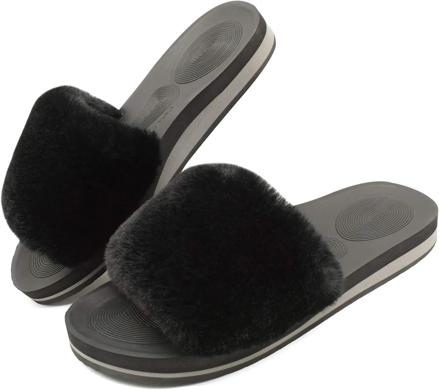 COFACE Womens Slides Fuzzy Slippers Open Toe Fluff Slippers With Arch Support Plantar Fasciitis Orthotic Slippers Women House Shoes