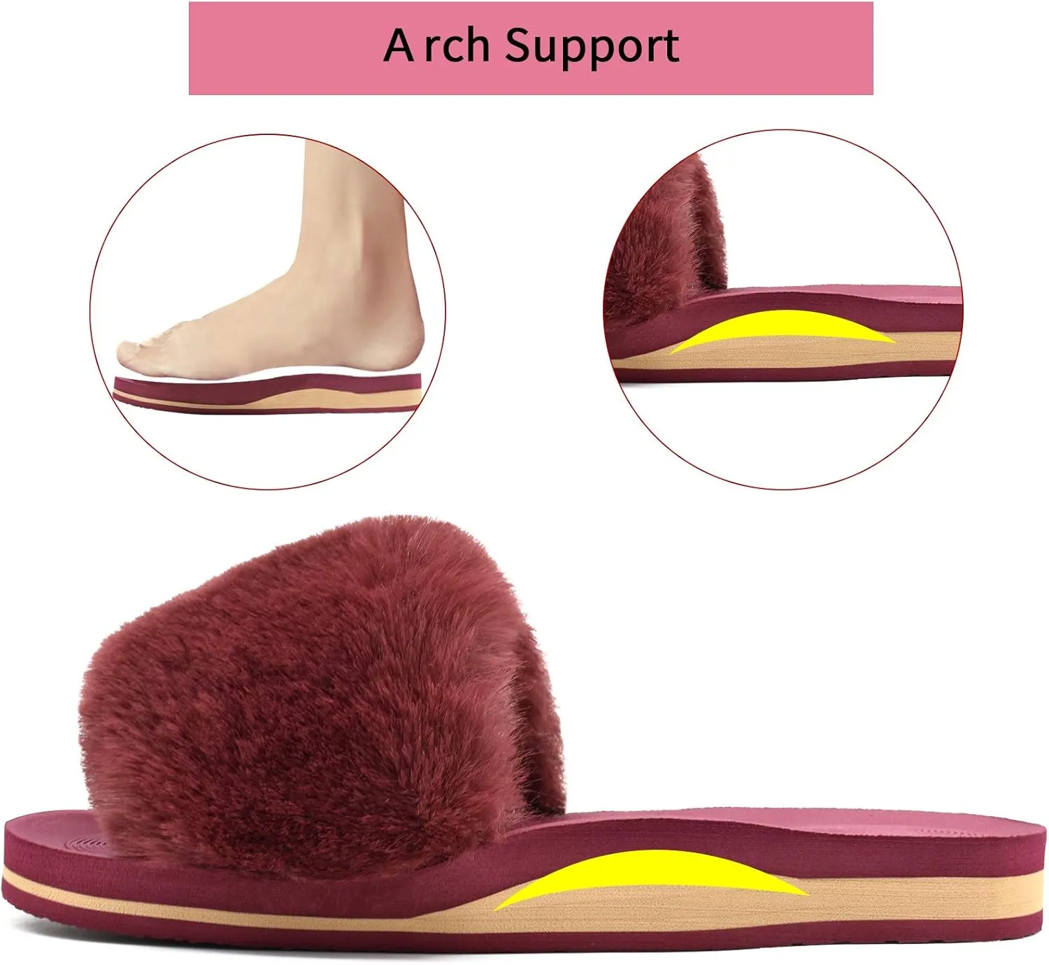 COFACE Womens Slides Fuzzy Slippers Open Toe Fluff Slippers With Arch Support Plantar Fasciitis Orthotic Slippers Women House Shoes
