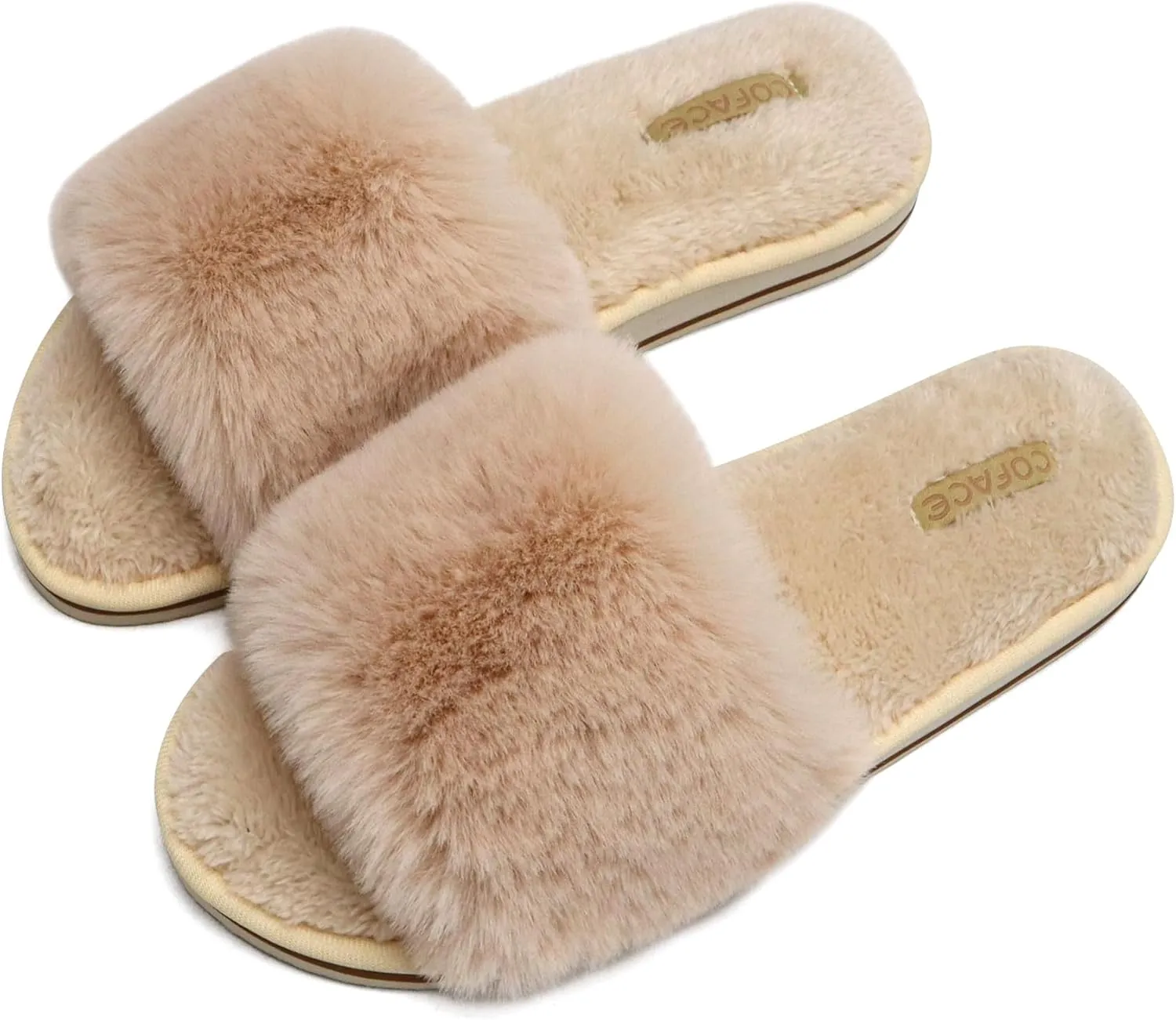 COFACE Womens Slides Fuzzy Slippers Open Toe Fluff Slippers With Arch Support Plantar Fasciitis Orthotic Slippers Women House Shoes