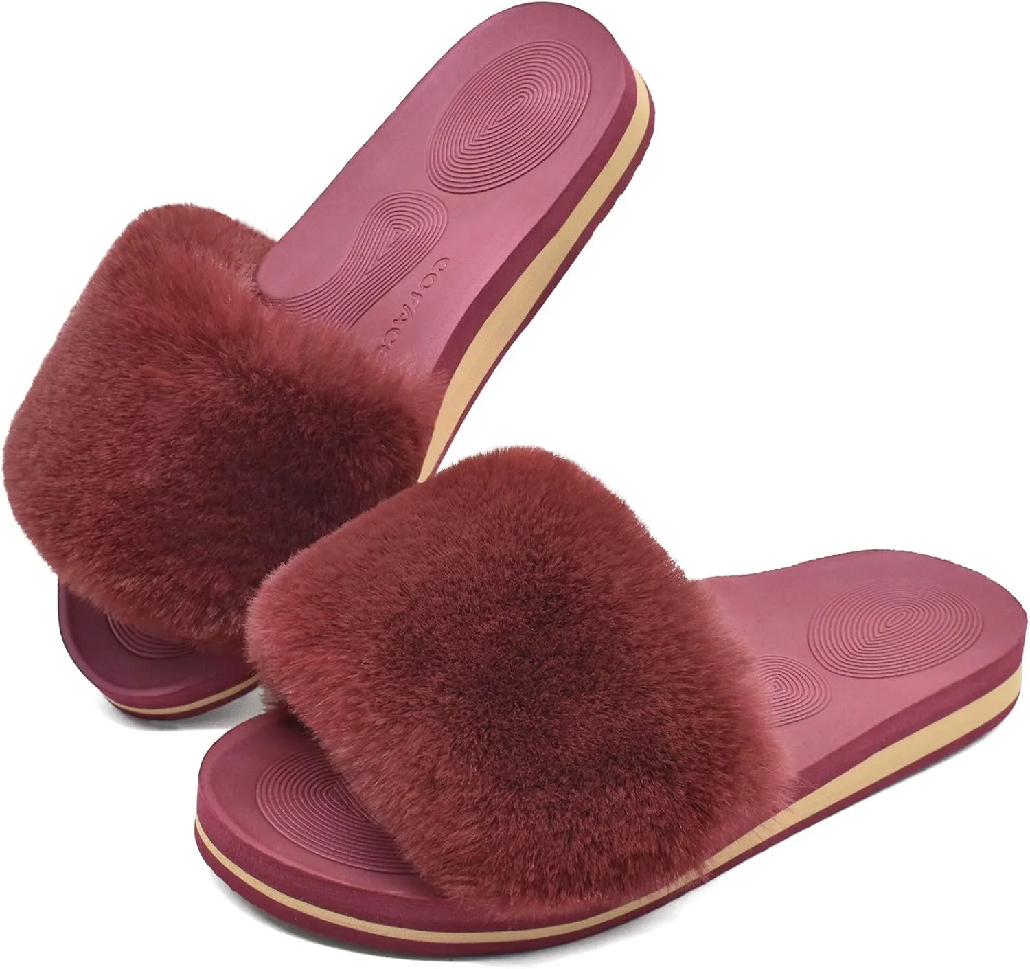 COFACE Womens Slides Fuzzy Slippers Open Toe Fluff Slippers With Arch Support Plantar Fasciitis Orthotic Slippers Women House Shoes