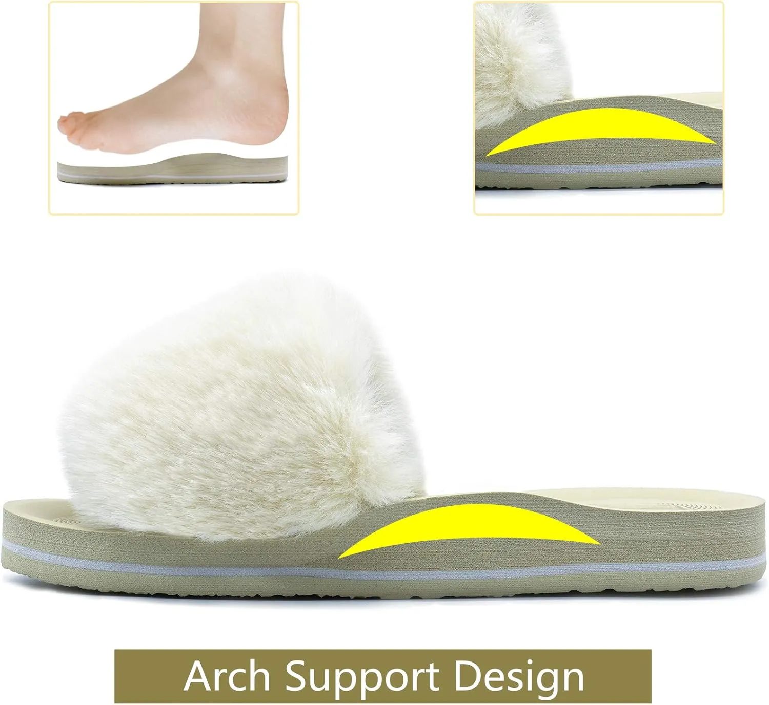 COFACE Womens Slides Fuzzy Slippers Open Toe Fluff Slippers With Arch Support Plantar Fasciitis Orthotic Slippers Women House Shoes