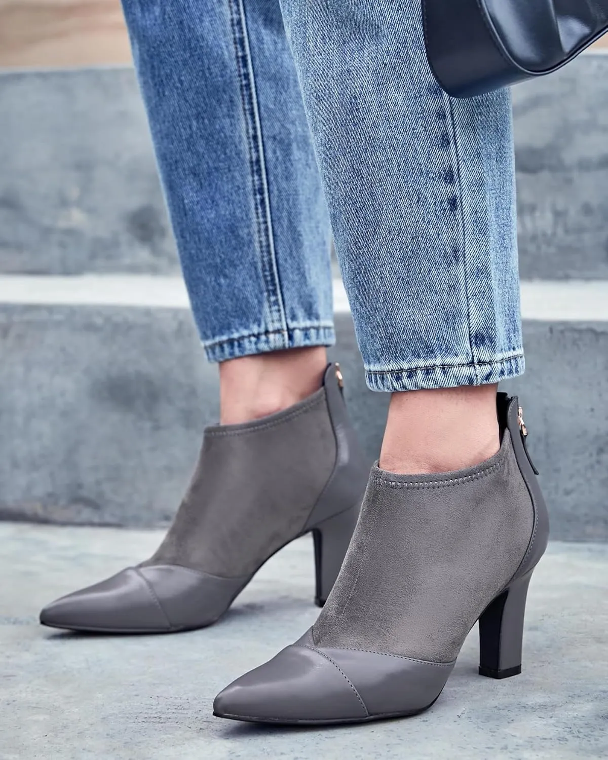 Coutgo Womens Ankle Booties Dress Boots Pointed Toe Stiletto High Heel Splicing Booties Shoes with Back Zipper
