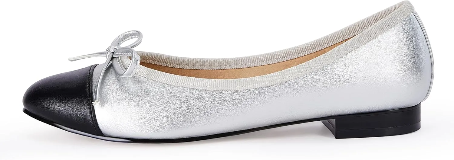 Coutgo Womens Cap Toe Ballet Flats Bow Pointed Toe Slip On Office Work Comfort Dress Party Flat Shoes