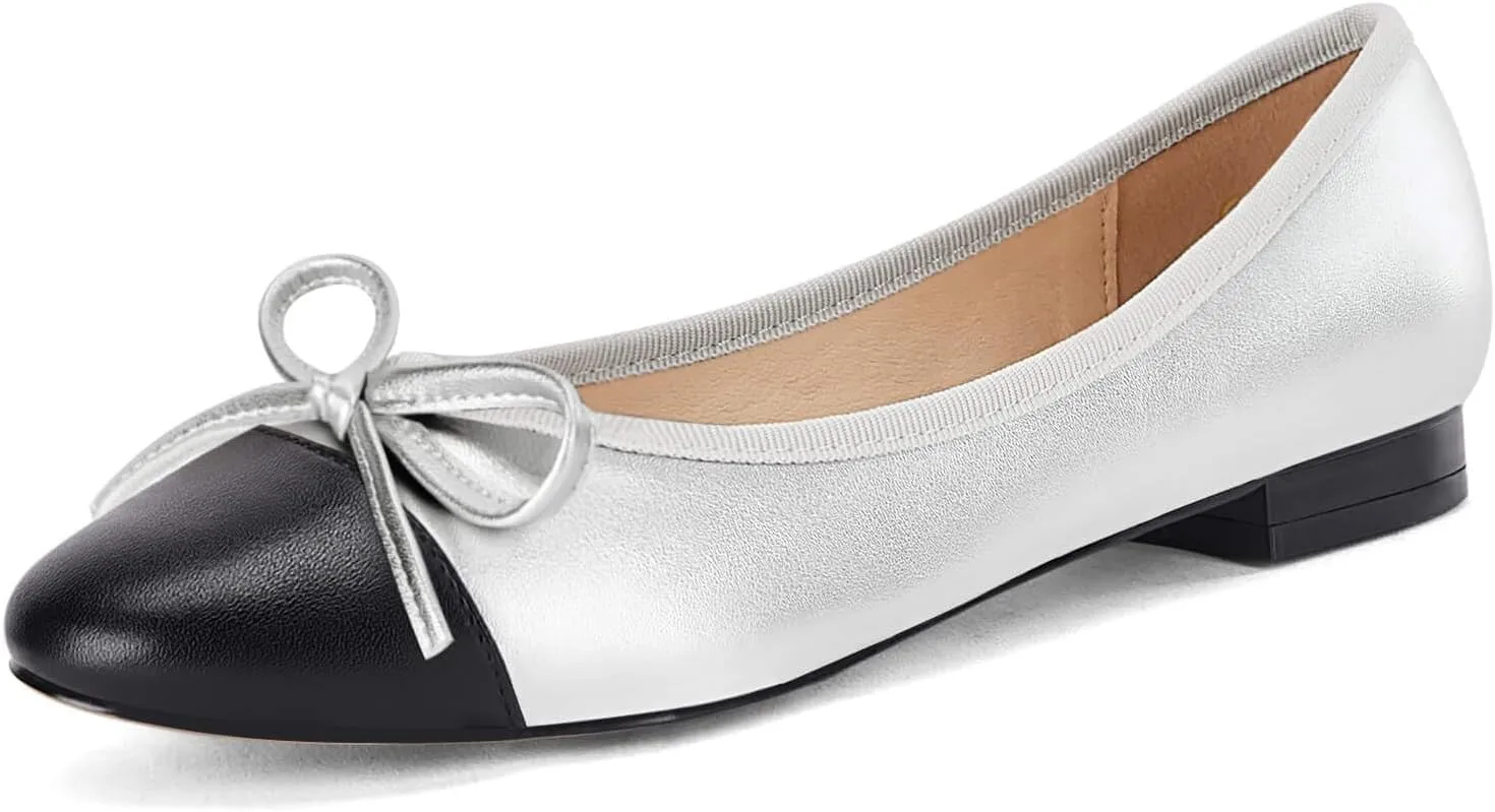 Coutgo Womens Cap Toe Ballet Flats Bow Pointed Toe Slip On Office Work Comfort Dress Party Flat Shoes