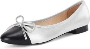 Coutgo Womens Cap Toe Ballet Flats Bow Pointed Toe Slip On Office Work Comfort Dress Party Flat Shoes