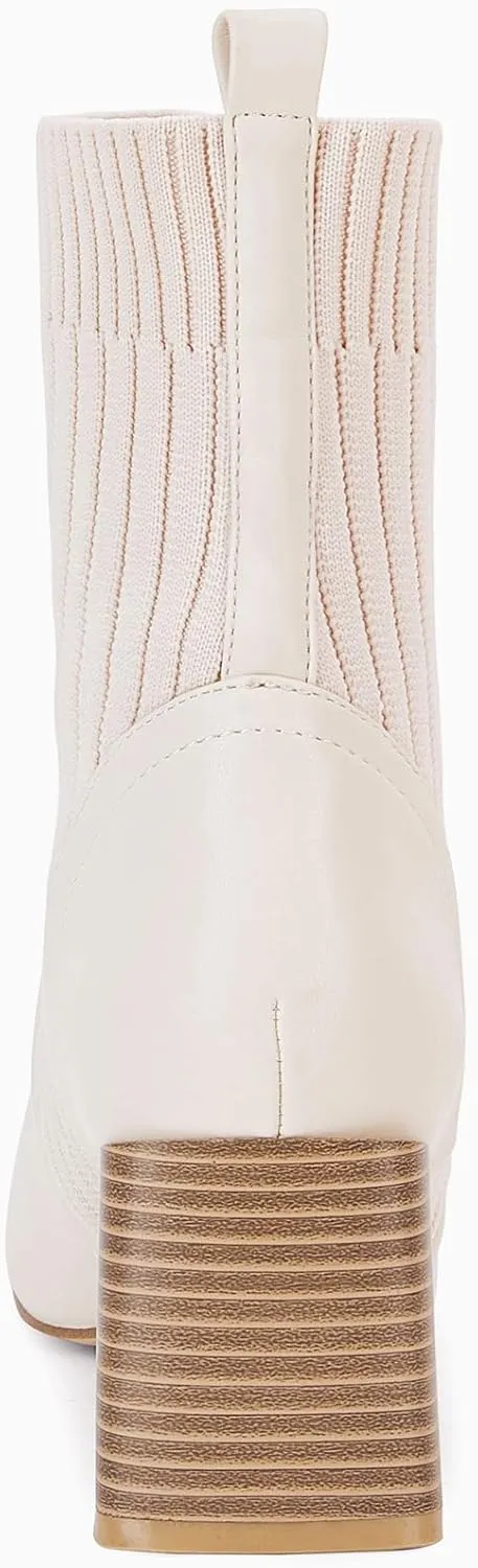 Coutgo Women's Chunky Heel Ankle Boots Square Toe Slip On Sock Booties Elastic Chelsea Boot