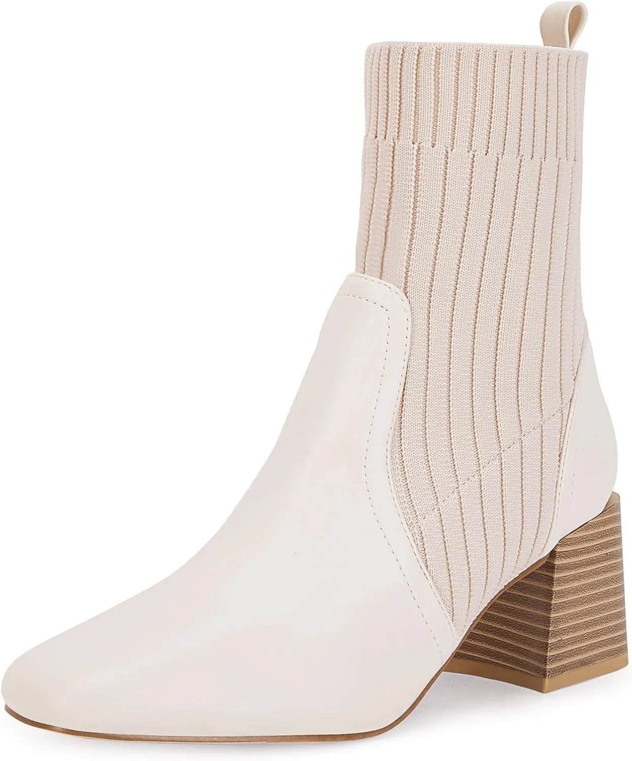 Coutgo Women's Chunky Heel Ankle Boots Square Toe Slip On Sock Booties Elastic Chelsea Boot