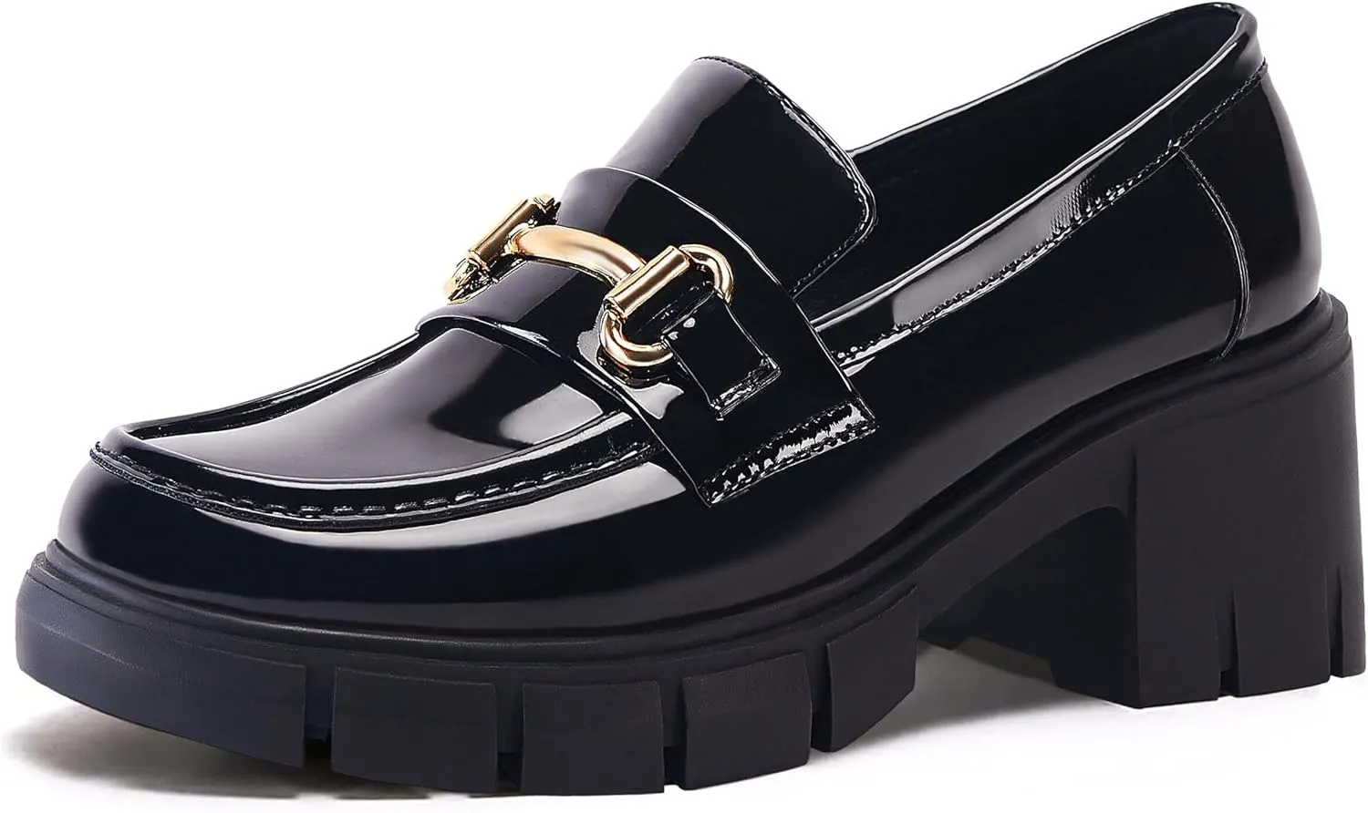 Coutgo Womens Chunky Platform Lug Sole Loafers Mid Heel Square Toe Dress Walking Work Shoes with Buckle Chain