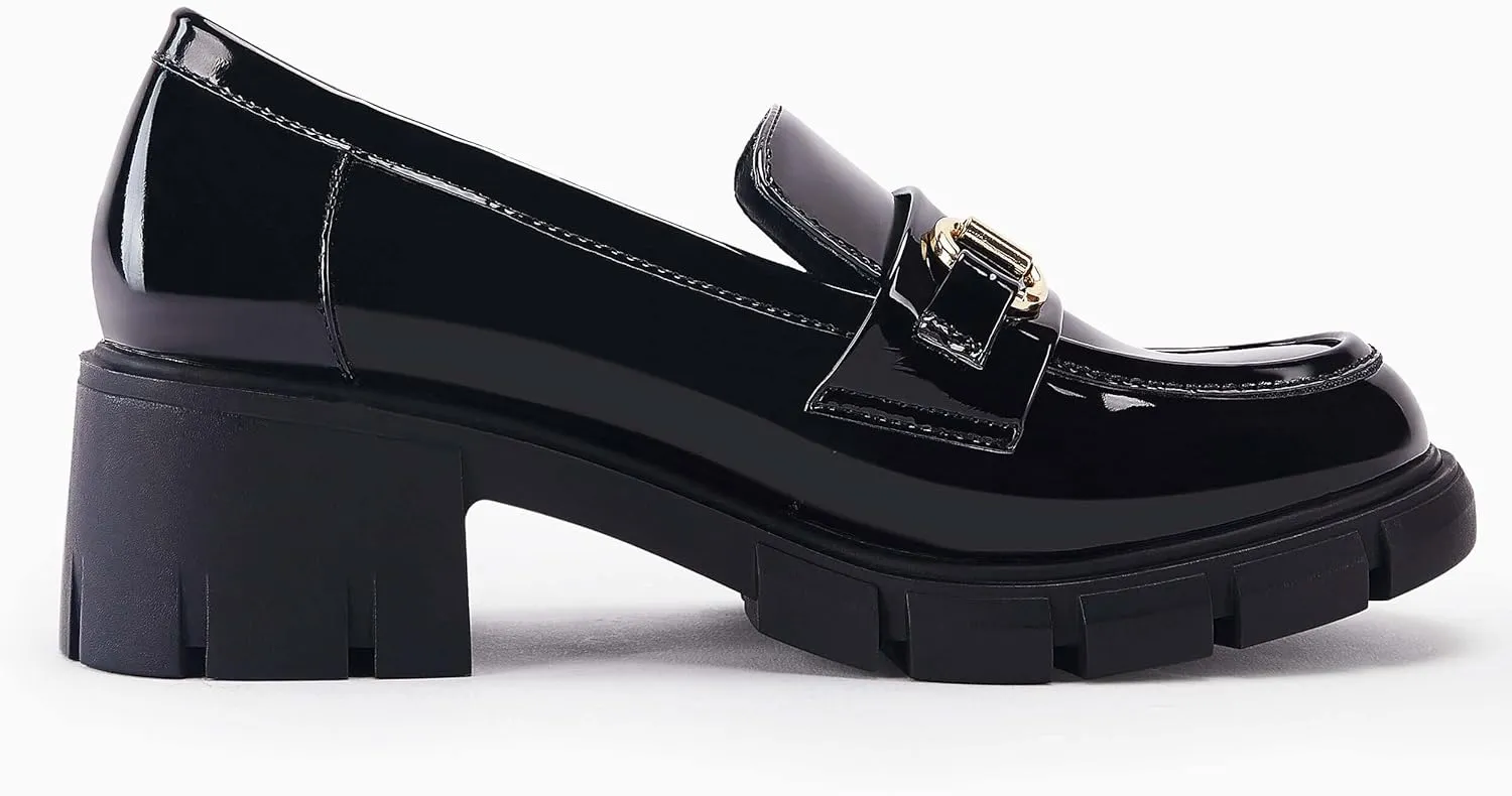 Coutgo Womens Chunky Platform Lug Sole Loafers Mid Heel Square Toe Dress Walking Work Shoes with Buckle Chain