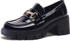 Coutgo Womens Chunky Platform Lug Sole Loafers Mid Heel Square Toe Dress Walking Work Shoes with Buckle Chain