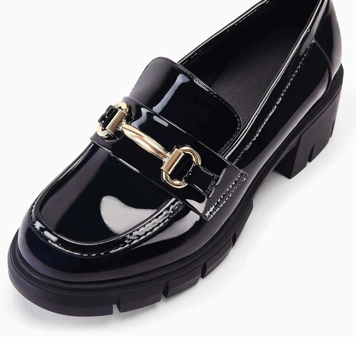 Coutgo Womens Chunky Platform Lug Sole Loafers Mid Heel Square Toe Dress Walking Work Shoes with Buckle Chain