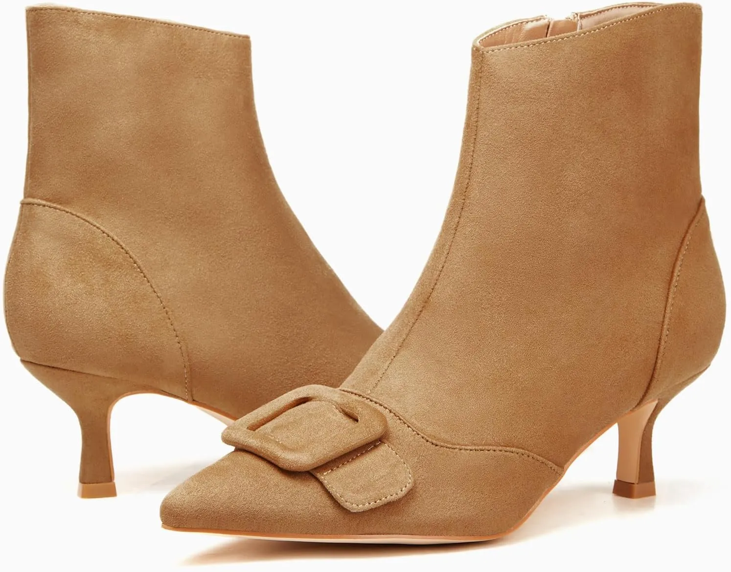 Coutgo Women's Kitten Heel Ankle Boots Pointed Toe Side Zipper Square Buckle Winter Booties