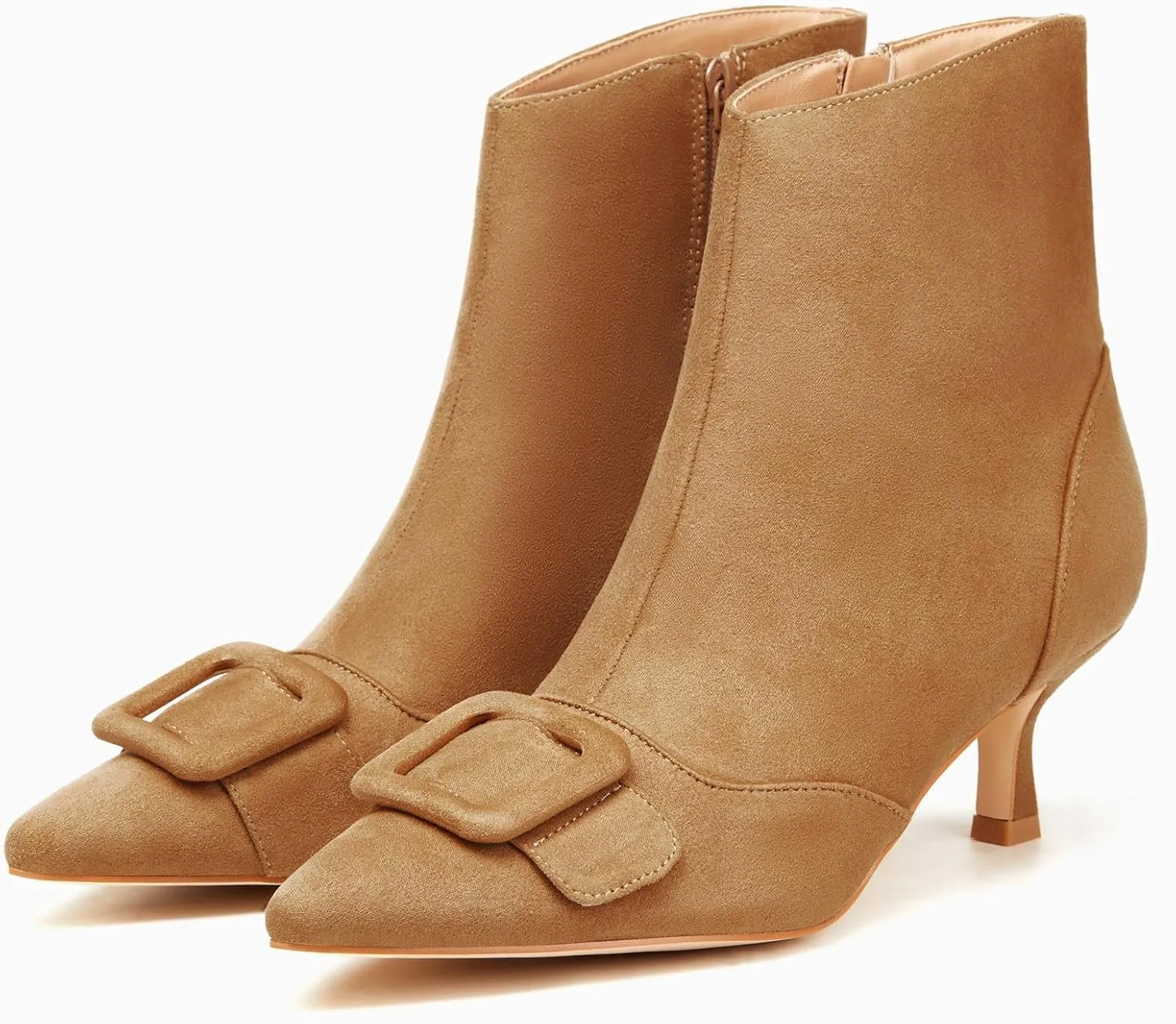 Coutgo Women's Kitten Heel Ankle Boots Pointed Toe Side Zipper Square Buckle Winter Booties