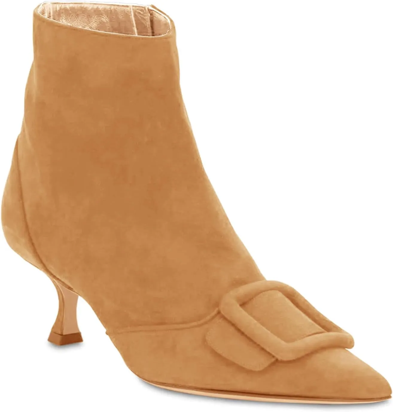 Coutgo Women's Kitten Heel Ankle Boots Pointed Toe Side Zipper Square Buckle Winter Booties