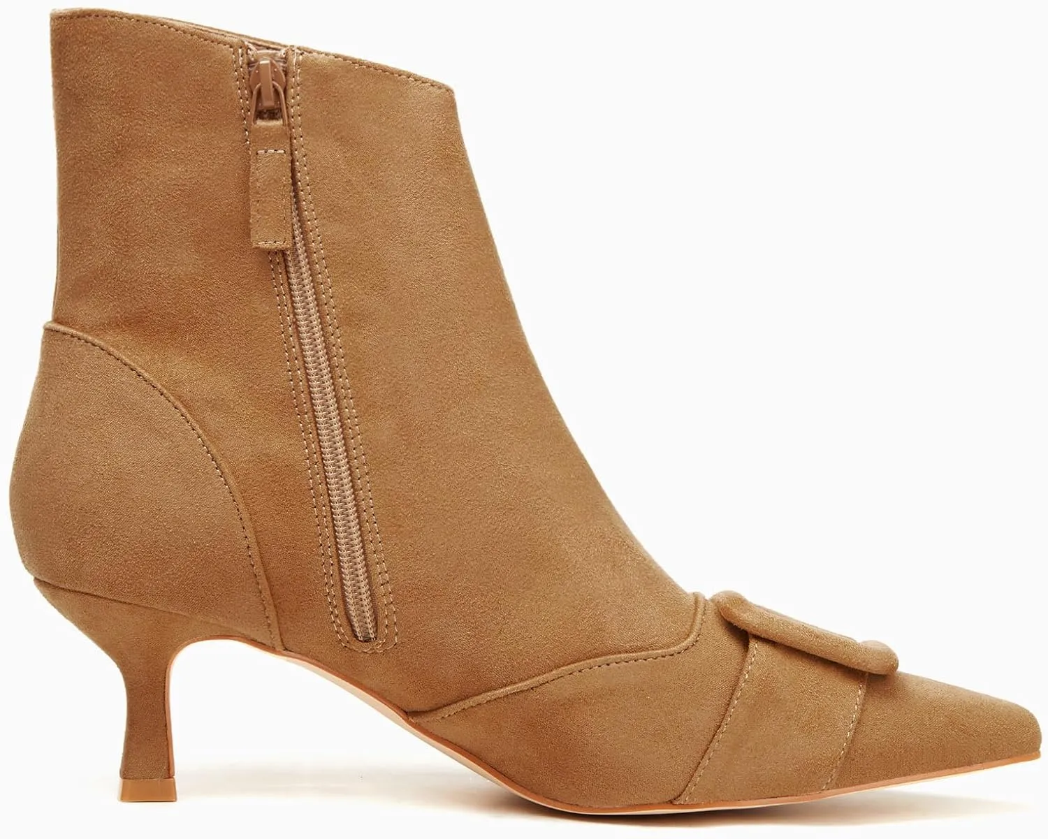 Coutgo Women's Kitten Heel Ankle Boots Pointed Toe Side Zipper Square Buckle Winter Booties