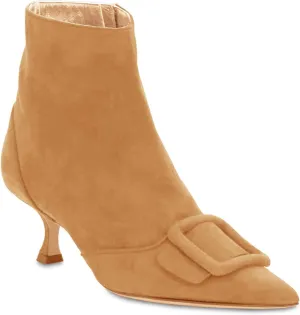 Coutgo Women's Kitten Heel Ankle Boots Pointed Toe Side Zipper Square Buckle Winter Booties