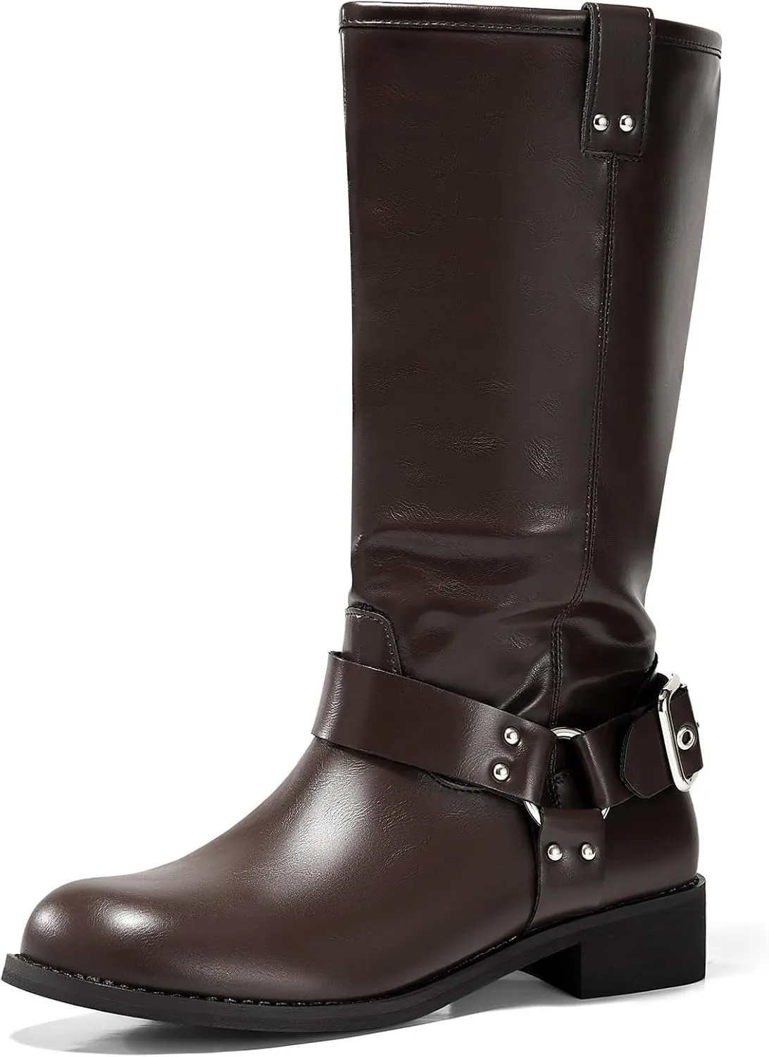 Coutgo Womens Mid Calf Biker Boots Low Heel Wide Calf Moto Boots Closed Toe Pull on Buckle Boot Shoes