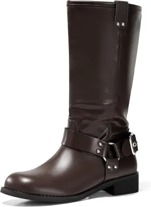 Coutgo Womens Mid Calf Biker Boots Low Heel Wide Calf Moto Boots Closed Toe Pull on Buckle Boot Shoes