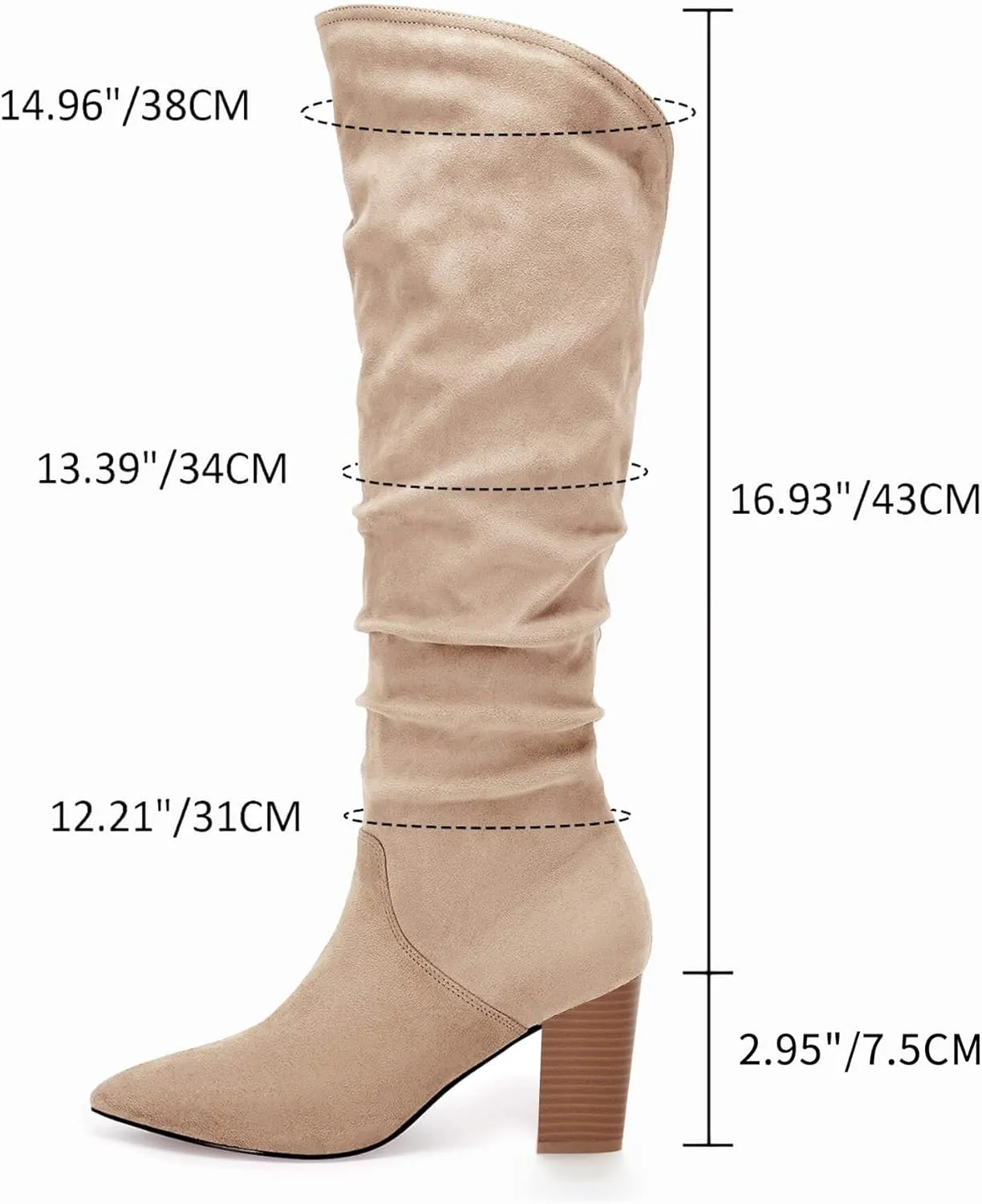 Coutgo Womens Slouchy Knee High Boots Wide Calf Kitten Heel Pointed Toe Pull On Long Boots Winter Shoes