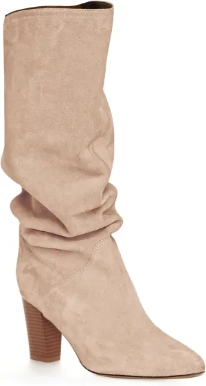 Coutgo Womens Slouchy Knee High Boots Wide Calf Kitten Heel Pointed Toe Pull On Long Boots Winter Shoes