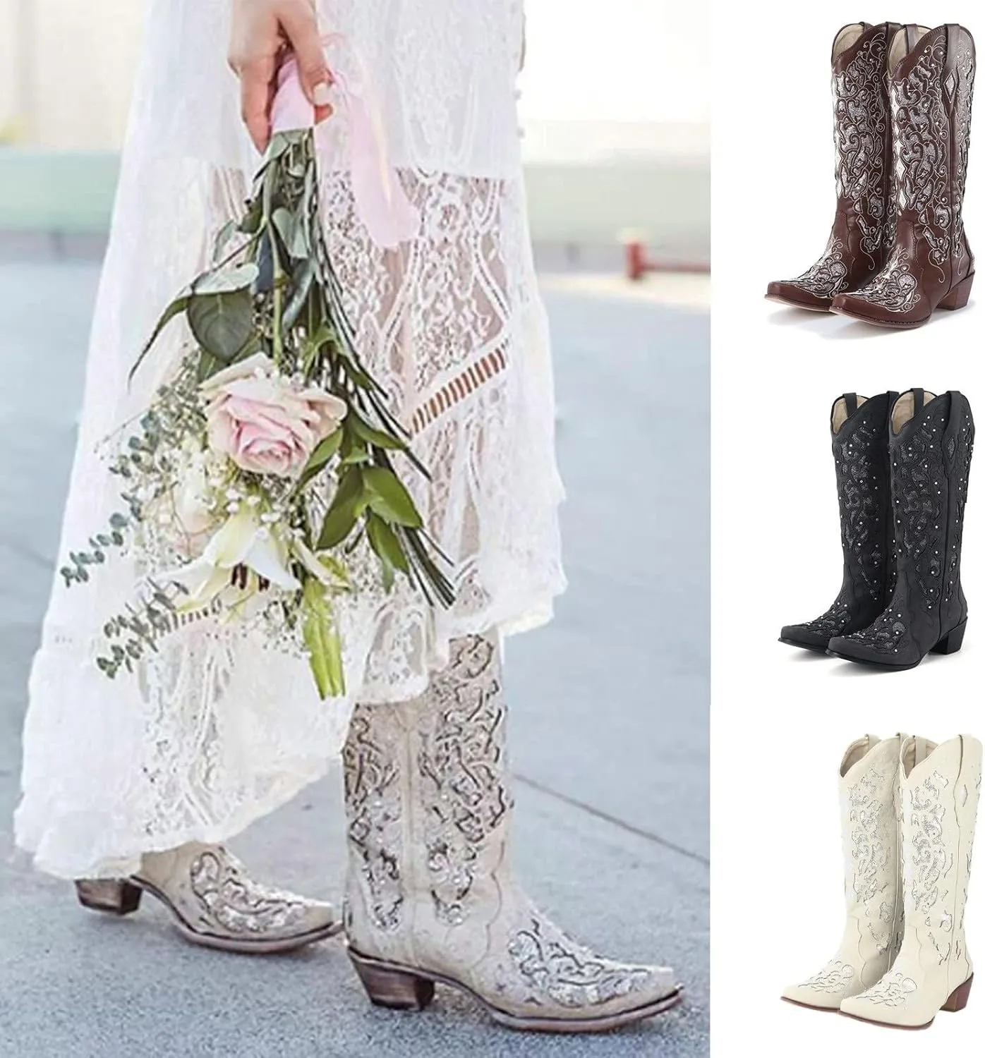 Cowboy Boots for Women Cowgirl Boots Western Boots Chunky Heel Pointed Toe Pull On Rhinestones Embroidered Knee High Boots Mid Calf Boots Fashion Long Tall Boots Sparkling Bride Wedding Shoes