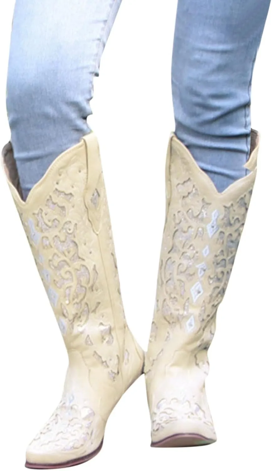 Cowboy Boots for Women Cowgirl Boots Western Boots Chunky Heel Pointed Toe Pull On Rhinestones Embroidered Knee High Boots Mid Calf Boots Fashion Long Tall Boots Sparkling Bride Wedding Shoes