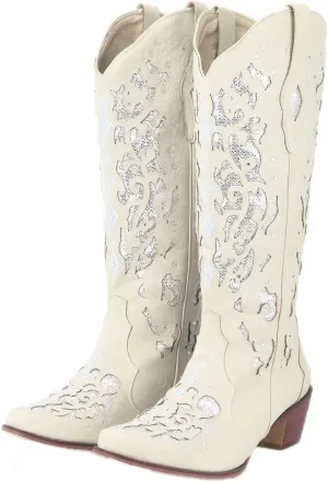 Cowboy Boots for Women Cowgirl Boots Western Boots Chunky Heel Pointed Toe Pull On Rhinestones Embroidered Knee High Boots Mid Calf Boots Fashion Long Tall Boots Sparkling Bride Wedding Shoes