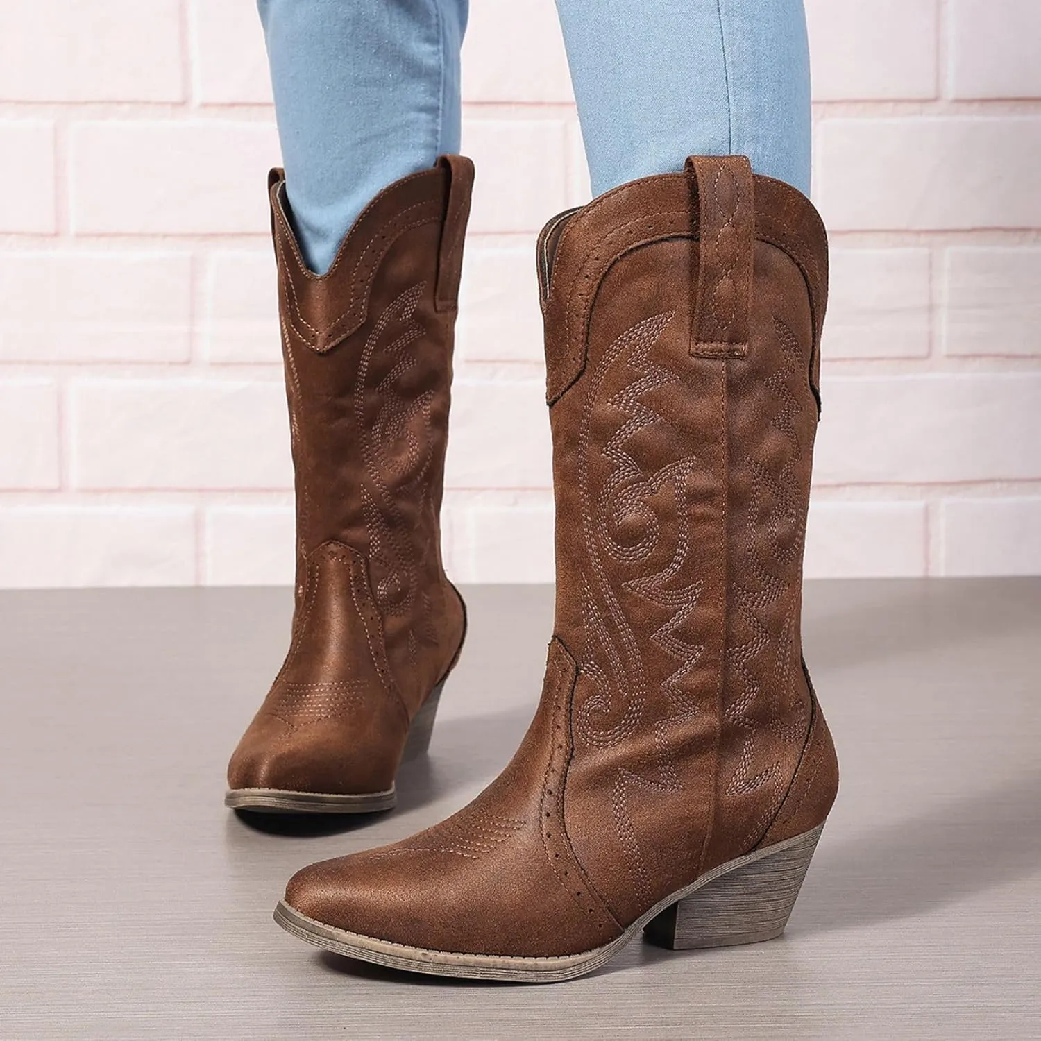 Cowboy Boots for Women Wide Calf Cowgirl Boots Pointed Toe Embroidery Stitched Fashion Western Boot Mid-Calf with Pull-on Tabs, US Size 5-11