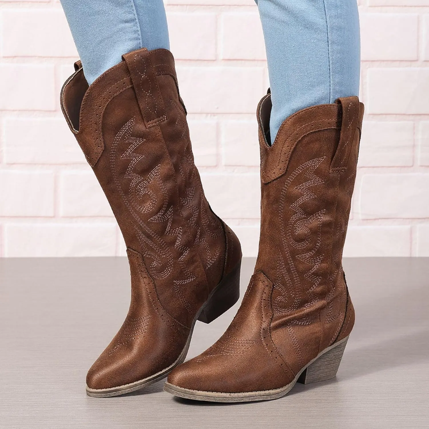 Cowboy Boots for Women Wide Calf Cowgirl Boots Pointed Toe Embroidery Stitched Fashion Western Boot Mid-Calf with Pull-on Tabs, US Size 5-11