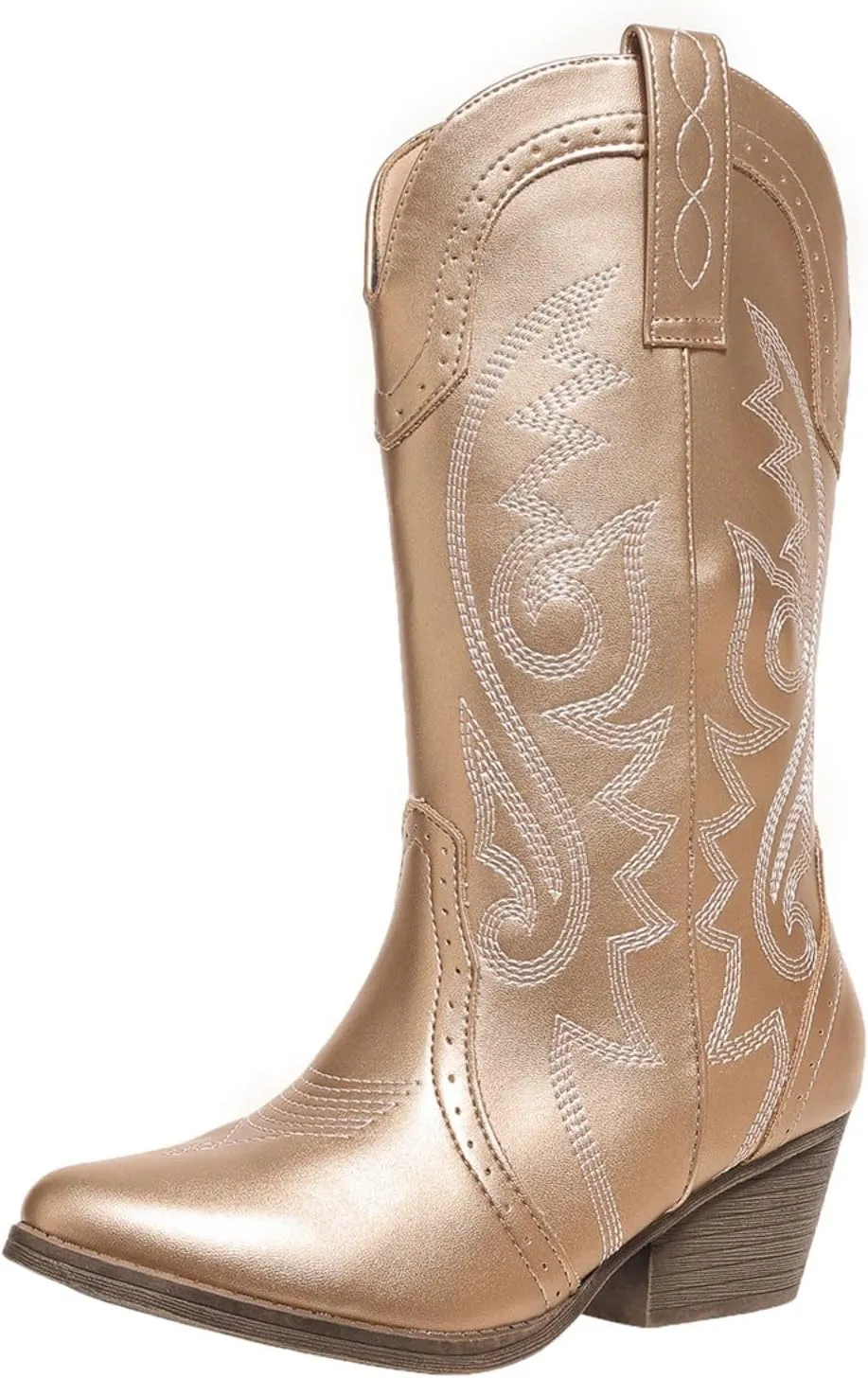 Cowboy Boots for Women Wide Calf Cowgirl Boots Pointed Toe Embroidery Stitched Fashion Western Boot Mid-Calf with Pull-on Tabs, US Size 5-11