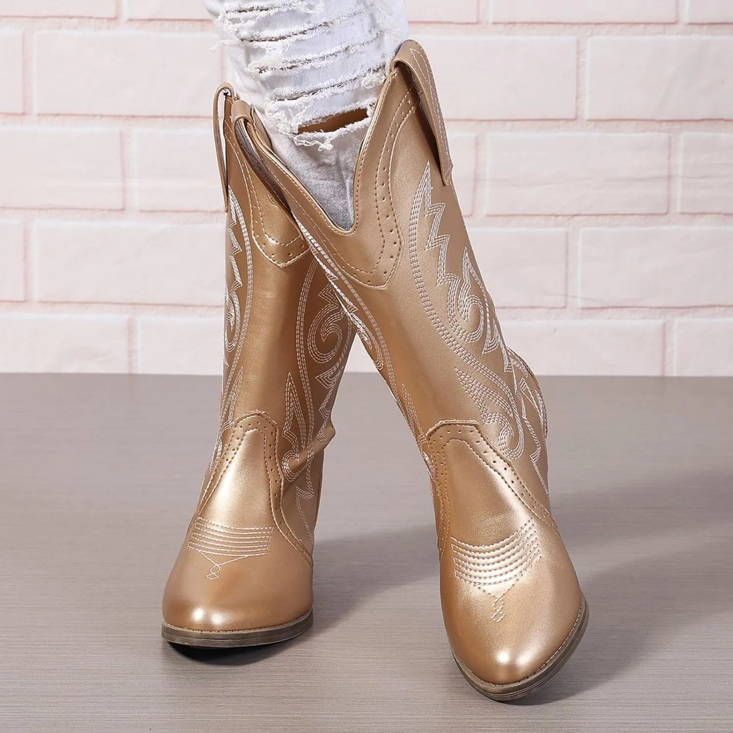 Cowboy Boots for Women Wide Calf Cowgirl Boots Pointed Toe Embroidery Stitched Fashion Western Boot Mid-Calf with Pull-on Tabs, US Size 5-11