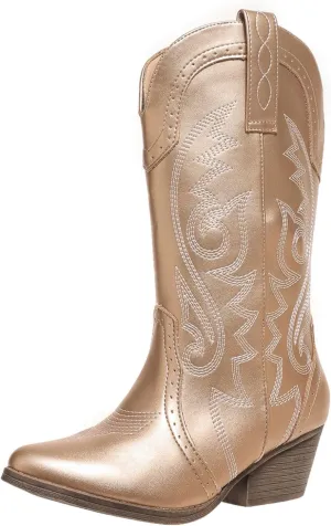 Cowboy Boots for Women Wide Calf Cowgirl Boots Pointed Toe Embroidery Stitched Fashion Western Boot Mid-Calf with Pull-on Tabs, US Size 5-11