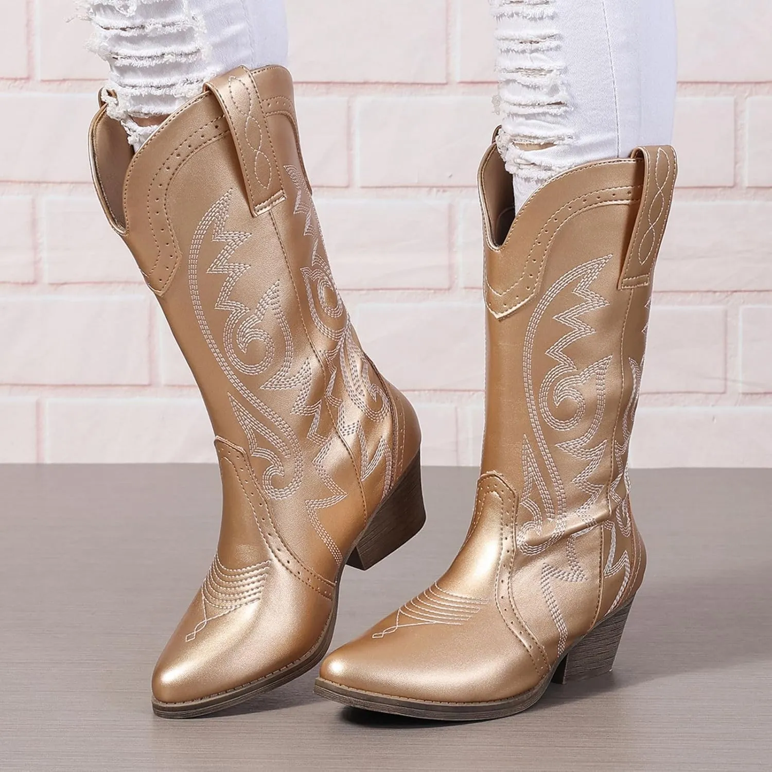 Cowboy Boots for Women Wide Calf Cowgirl Boots Pointed Toe Embroidery Stitched Fashion Western Boot Mid-Calf with Pull-on Tabs, US Size 5-11