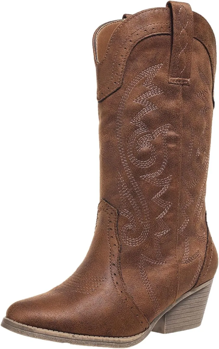 Cowboy Boots for Women Wide Calf Cowgirl Boots Pointed Toe Embroidery Stitched Fashion Western Boot Mid-Calf with Pull-on Tabs, US Size 5-11